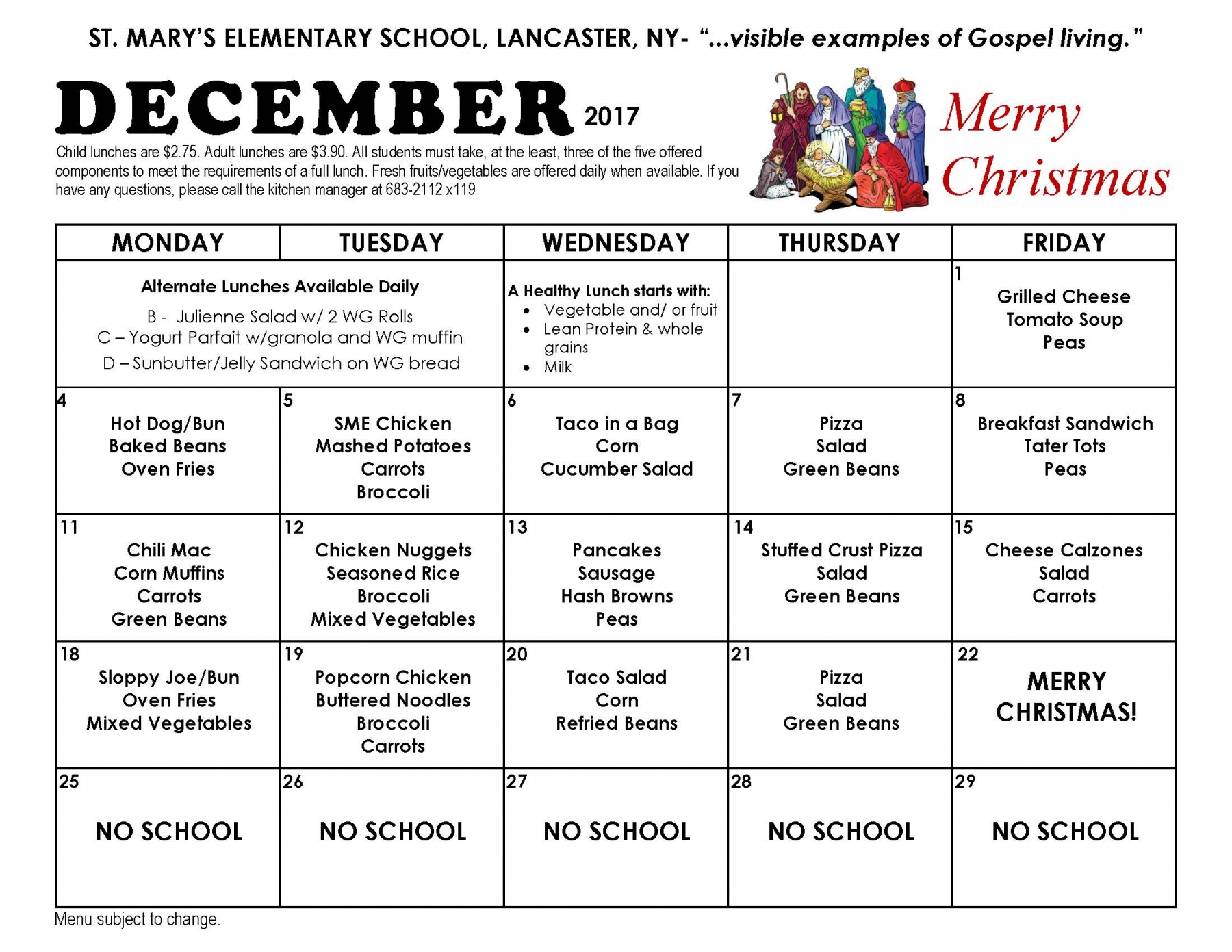 Lunch Menu St. Mary's Elementary School Lancaster, NY